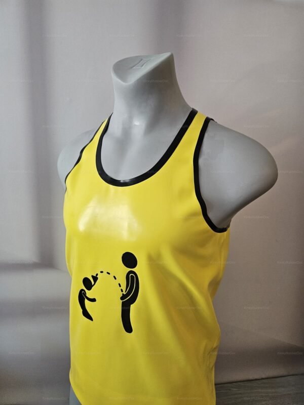 Bright yellow piss latex tank top with a playful graphic, featuring black trim and a bold, edgy design.