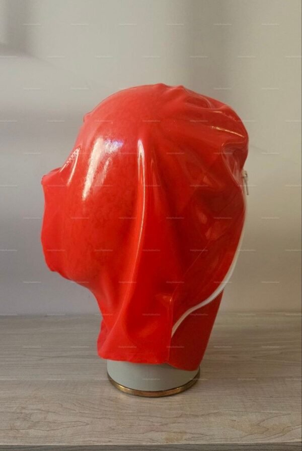 Vibrant red latex hood featuring a snug fit and sleek zip-back closure.