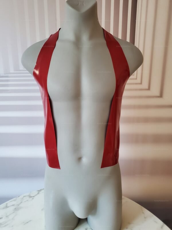 Sleek red latex open-front vest with a shiny finish, designed for a bold and daring look.