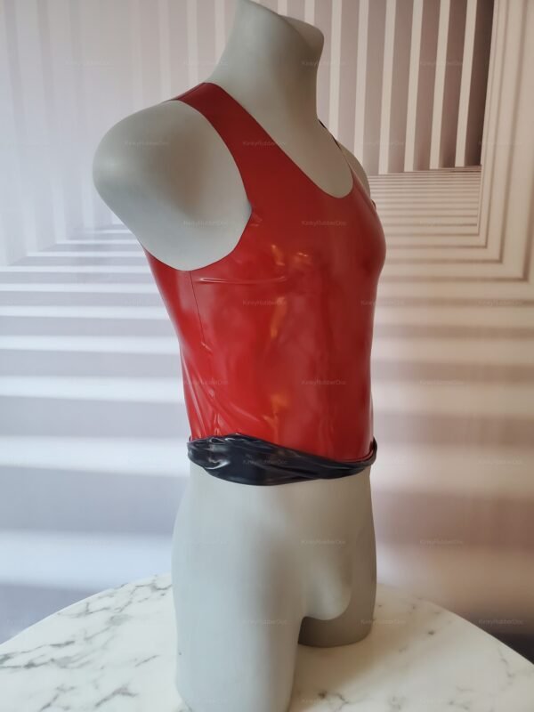 Red and black latex sports-cut top exuding a sleek, edgy vibe.