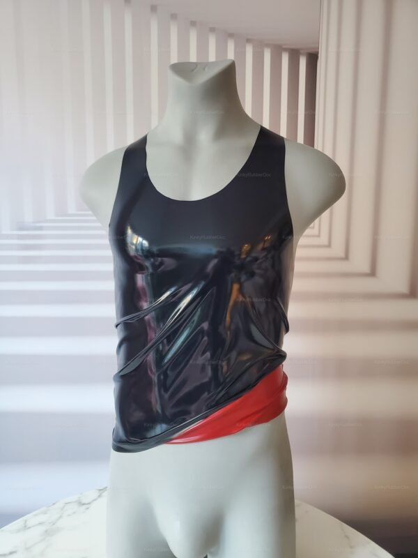 Shiny black and red Double-Sided Latex Tank Top showcasing a sleek, form-fitting design.