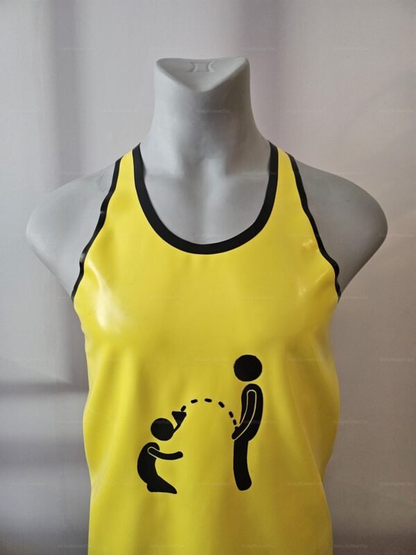 Bright yellow latex tank top featuring a bold, suggestive symbol on the front.