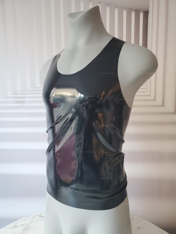 Sleek black latex tank top with a glossy finish, designed for a bold and edgy look.