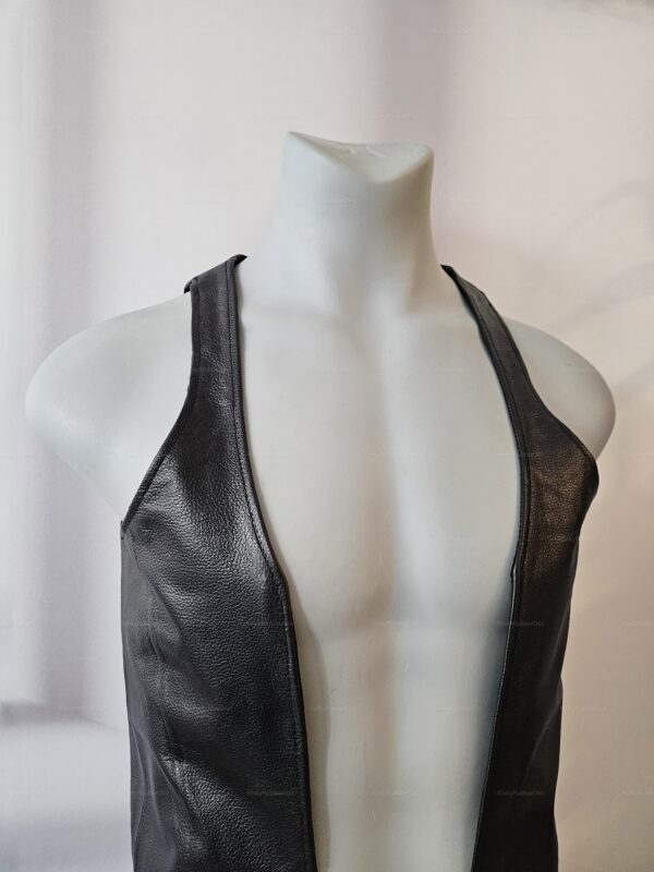 A sleek black leather vest designed for roleplay and club wear, featuring a deep V-cut and smooth texture.