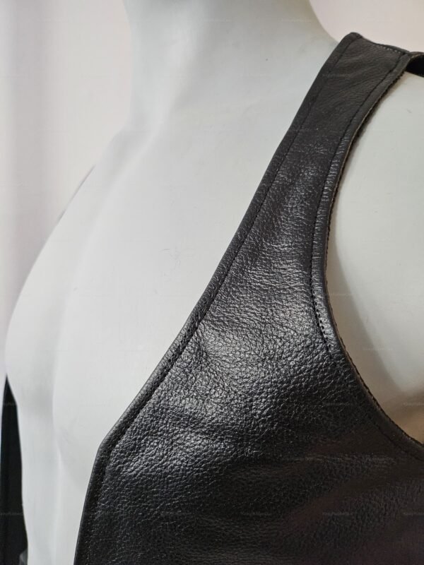 Black leather vest with sleek texture, designed for clubwear and cosplay in BDSM fashion.