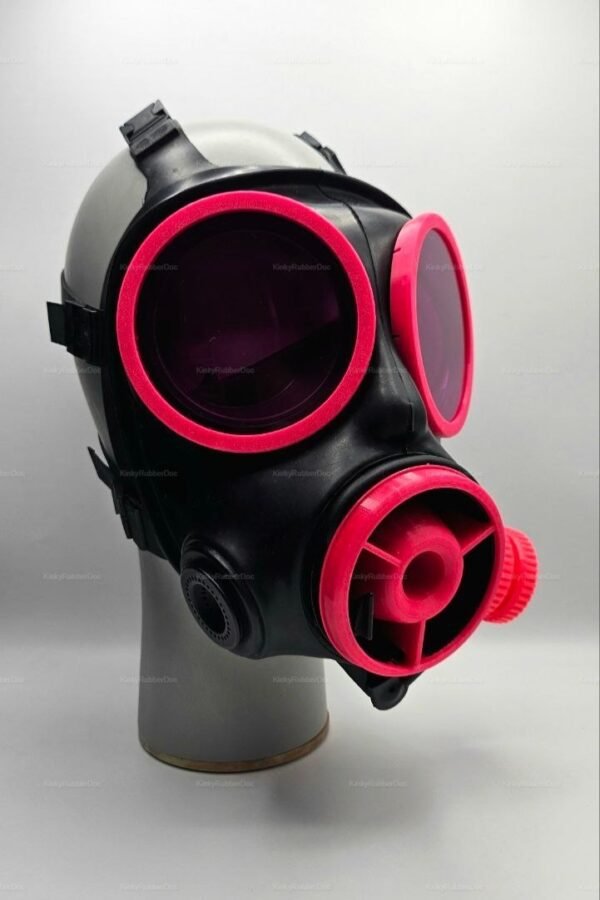 A striking black mask with vibrant pink accents, featuring bold lenses and a unique design for a daring look.