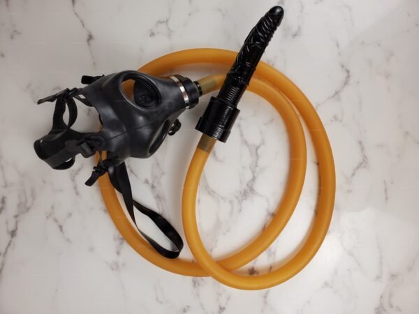 KinkyRubberDoc mask-play dildo with scent-enhancing RD40 hose, combining sleek black and vibrant yellow for an adventurous vibe.