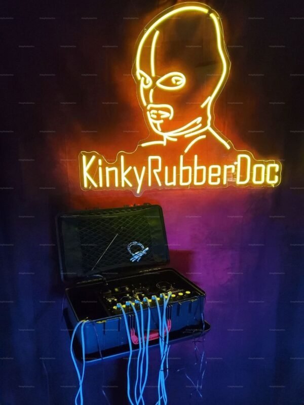 Master-Key Electro Stim Case by KinkyRubberDoc with vibrant neon accents and multiple cables.