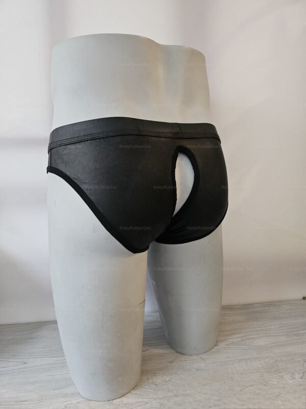 Sleek black men's fetish underwear featuring a pouch front and daring cut-out back.