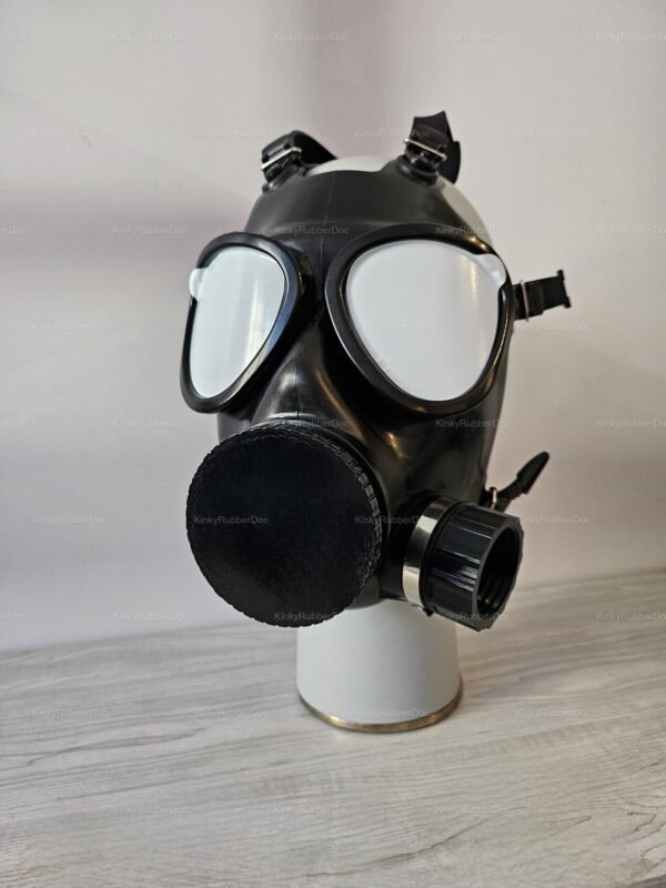 Sleek black gas mask with a robust design, featuring rounded eye lenses and adjustable straps, perfect for creating a daring and mysterious look.
