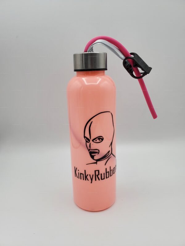 Sleek pink hydration bottle with gas mask design and kink-themed branding.