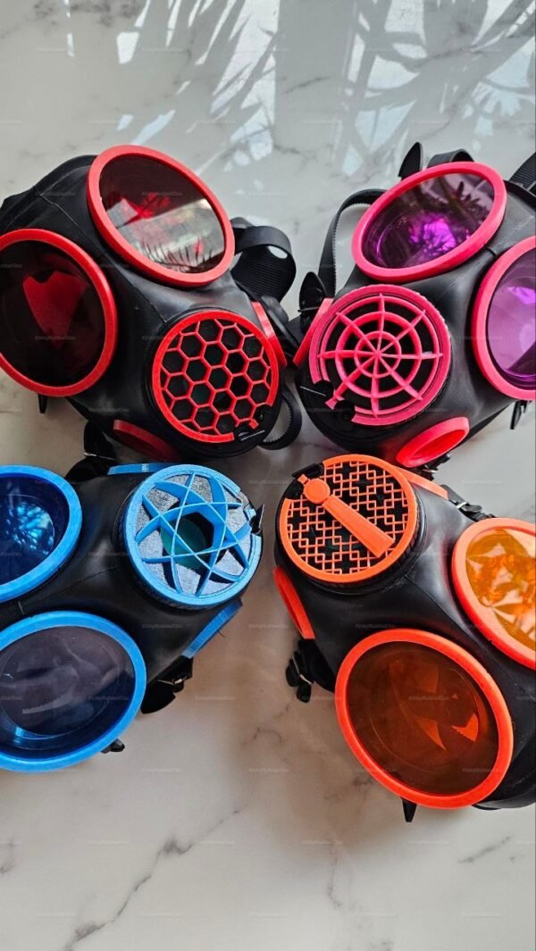 A collection of modular masks with vibrant colored lenses and unique valve designs, perfect for adding a bold statement to any kinky ensemble.