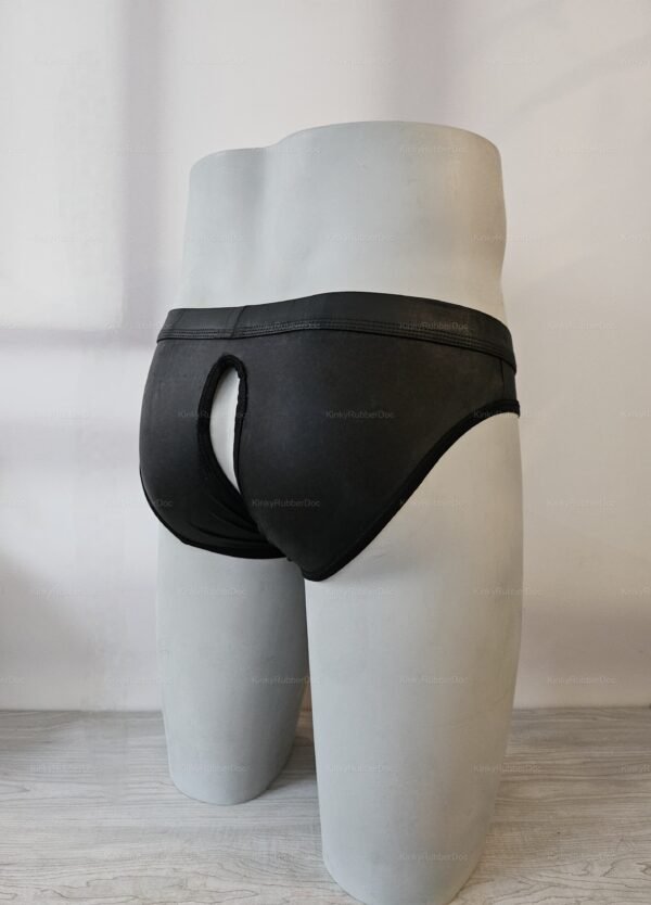 Open back leather briefs showcasing a daring design with a provocative cutout.