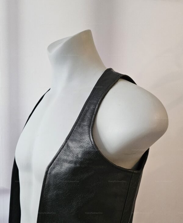 Open-front leather vest in black, featuring a sleek design with a pride edition theme.