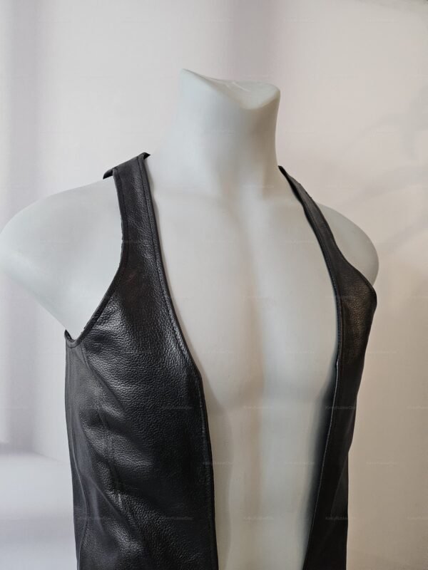 Open leather vest designed for pride cosplay and BDSM enthusiasts, featuring a sleek, black finish and bold, open-front design.