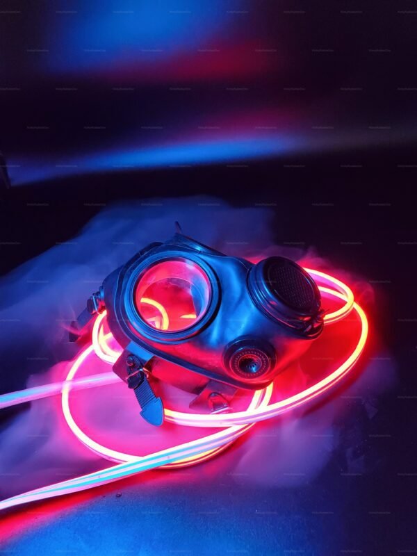 A black kink mask with wide vision design, inspired by S10, surrounded by vibrant neon lights.