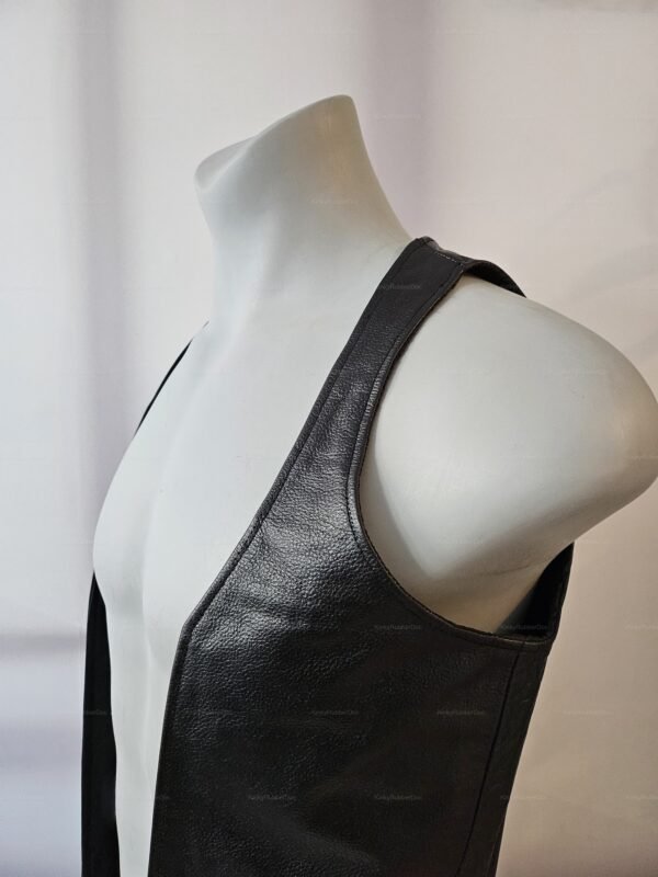 Sleek black leather vest with a minimalist design, perfect for a bold and edgy party look.