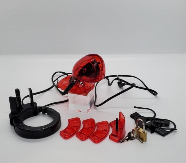 A sleek red and black penis cage with electro-lock and contact points for added stimulation.
