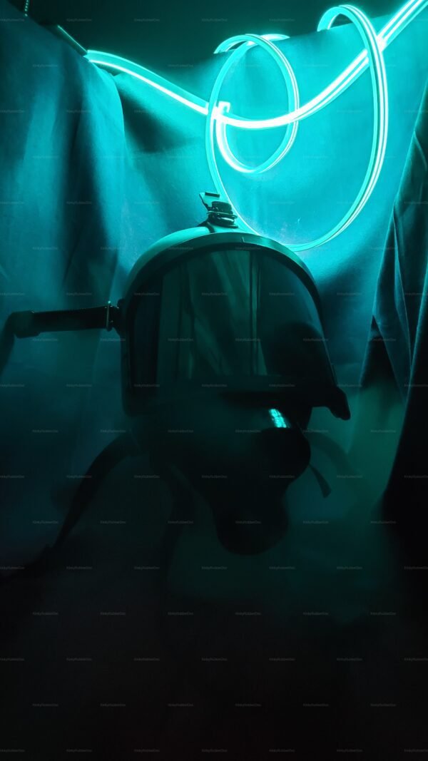 A pilot gas mask designed for breath control and cosplay, featuring a sleek, dark finish with glowing neon accents.