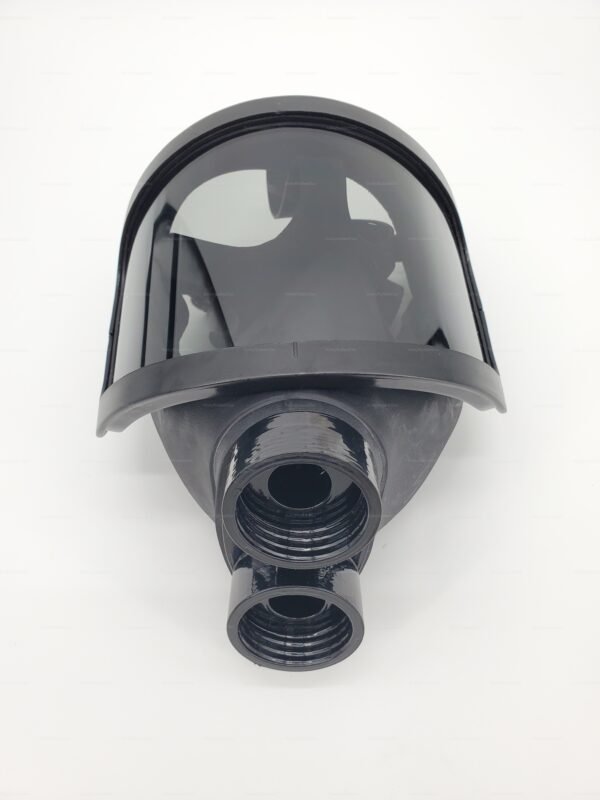 Sleek black pilot-look gas mask with wide vision helmet, designed for an edgy alt-fashion vibe.