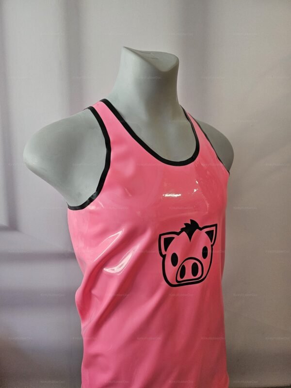 Pink latex tank top with a cute pig design and black trim, perfect for the kinky fashion scene.