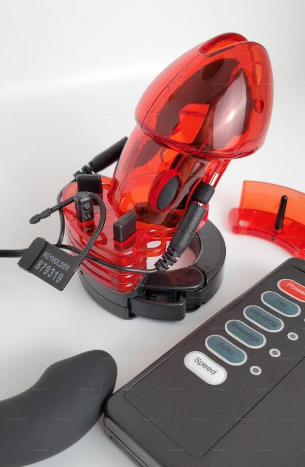 A sleek red plastic chastity device with a secure padlock and electronic controls.