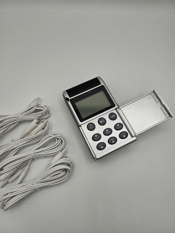 Power Box Electro Kink Device with sleek silver design and control buttons, accompanied by white cables.