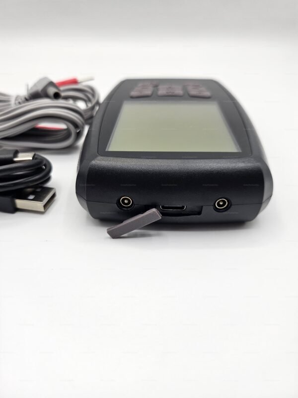 Sleek black power box for electro-fetish play, featuring multiple input ports and control buttons, with attached cables for versatile stimulation.