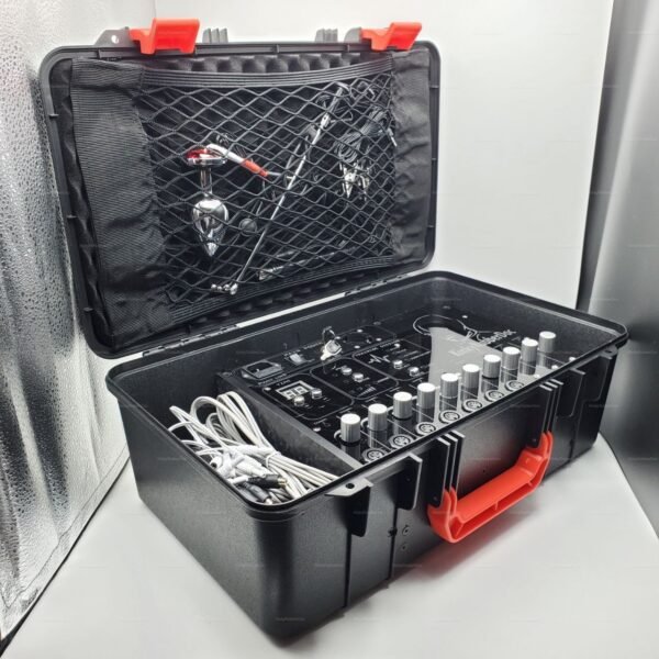 A sleek, black Powerbox Electro Device Case featuring an array of polished controls and neatly coiled cables, designed for BDSM enthusiasts.
