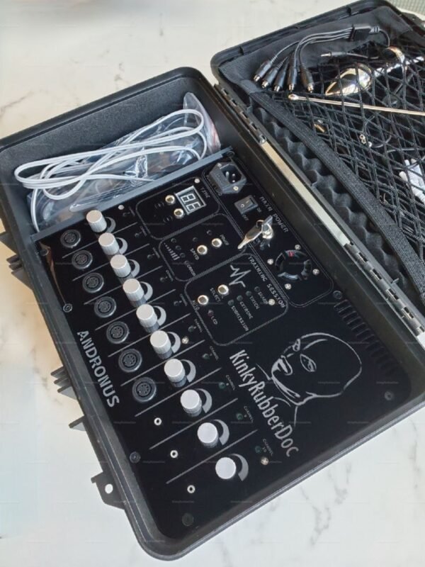 Professional electro-stim case powerbox with sleek design and multiple control knobs.