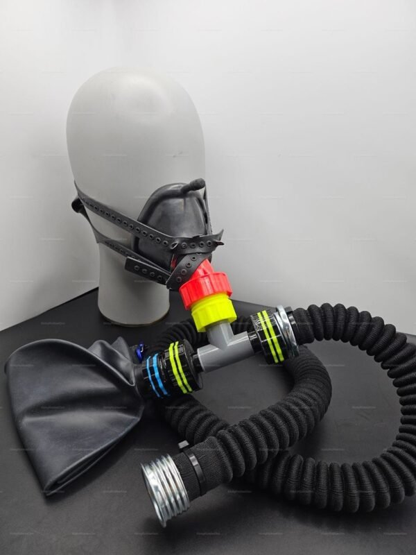 RD40mm Fetish Hose Mask Valve Kit featuring a sleek black design with vibrant red and yellow accents, complete with flexible hoses and leather straps.