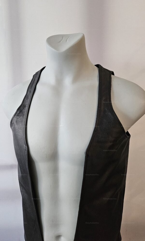 A sleek black leather vest designed for the BDSM community, featuring a minimalist cut that accentuates the chest.