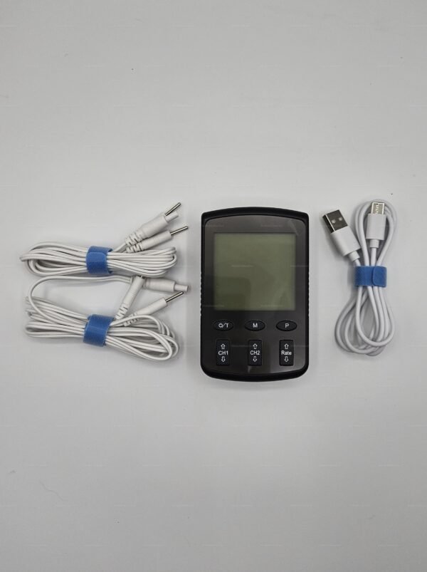 A sleek, black rechargeable e-stim controller with accompanying white cables and USB charger, designed for an electrifying experience.