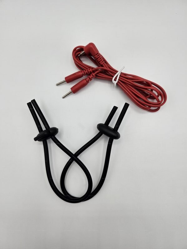 A pair of red-black electro penis rings with connecting cables designed for BDSM enthusiasts.