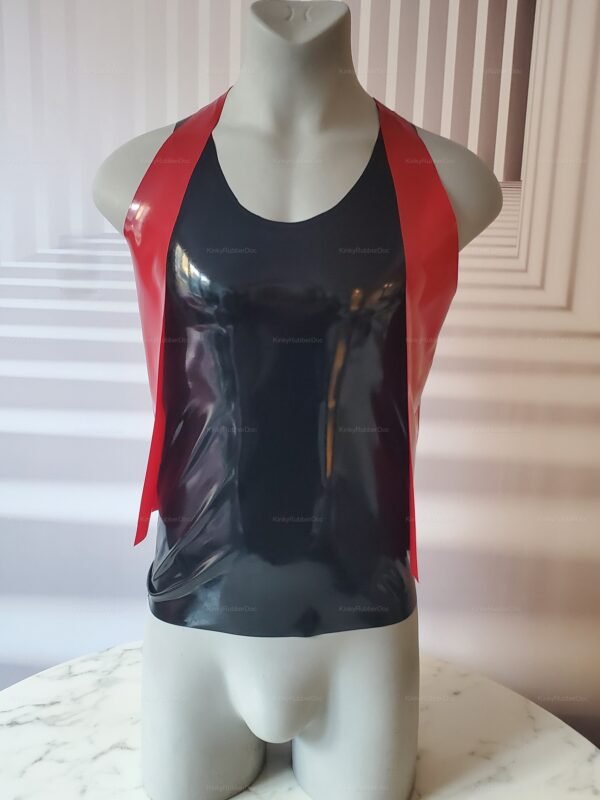 Sleek red and black latex tank top with a glossy finish, designed for the adventurous spirit.