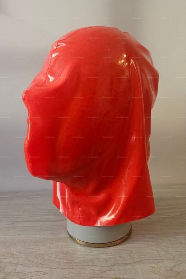 A vibrant red glossy latex hood with openings for eyes and nose, designed for a sleek and edgy look.