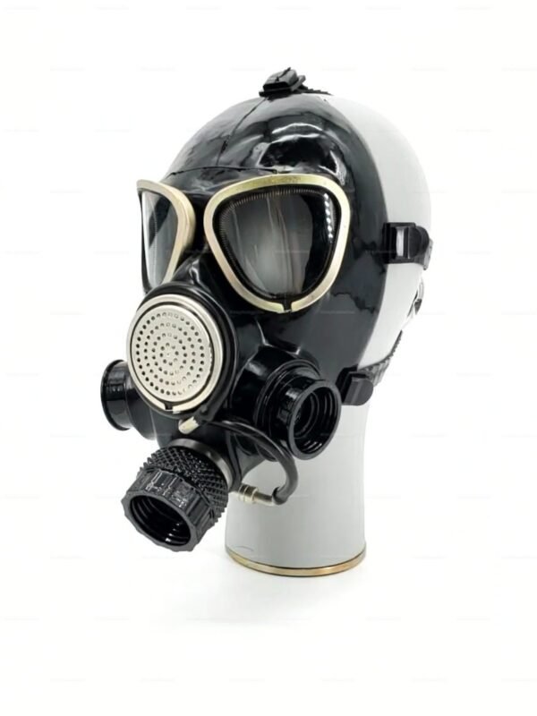 Retro rubber gas mask with dual input, perfect for BDSM and fetish roleplay enthusiasts.