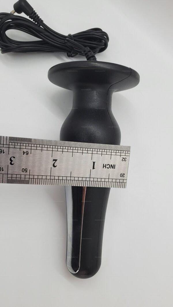 Rigid electrosex plug with wired metal contacts, featuring a sleek black design and measuring ruler for size reference.