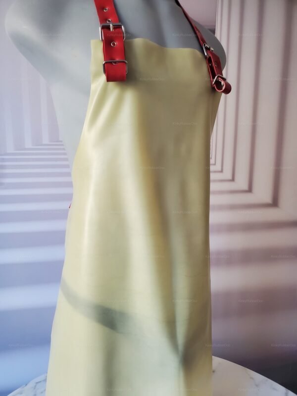 Rubber apron with red straps and belt, featuring a semi-transparent design for a bold look.