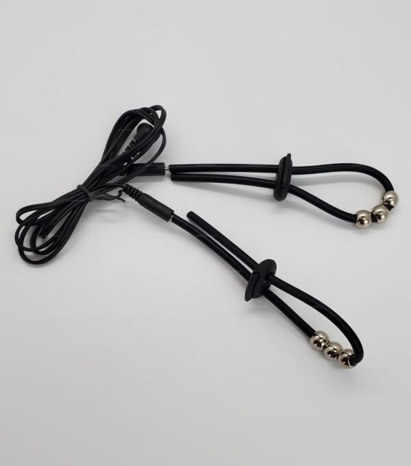 Black rubber conductive cock ring with electro-stimulation capabilities, featuring sleek design and metallic accents.