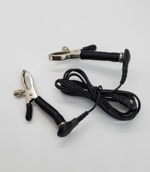 Rubber Screw-Lock Nipple Electro Clamps and adjustable metal tips, connected by a long wire for enhanced sensory play.