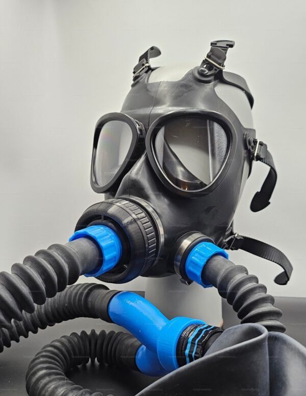 A sleek black rubber hood Fetish Gas Mask with distinctive blue threading and dual hoses for an intense sensory experience.