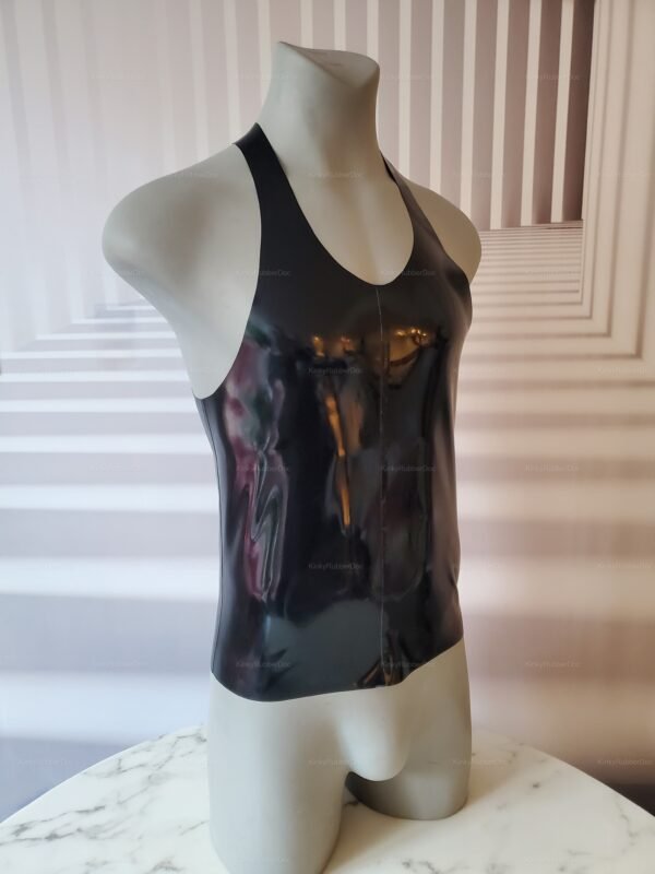Sleek black latex tank top with a glossy finish, designed for a bold, edgy look.