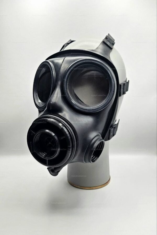 Black gas mask with dual breath hose kit for adult fetish fashion.