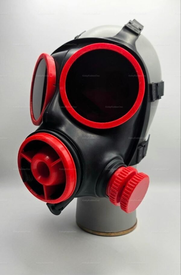 Black gas mask with striking red lens covers and detailed valve design, known as the s10-fm12-mask-red-lens-cover-set-front-brv.