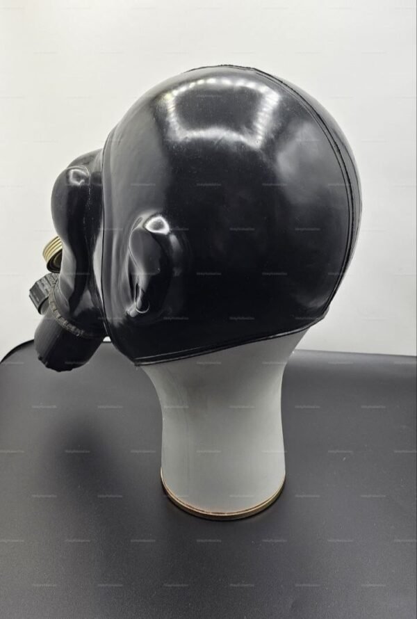 A sleek black rubber gas mask designed for sensory play, featuring a voice diaphragm for enhanced communication.