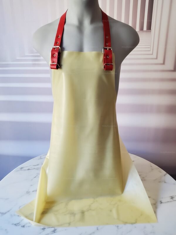 A stylish latex apron with adjustable red straps, designed for a bold and seductive look.