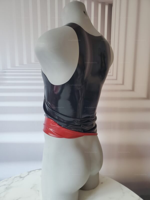 Shiny black and red latex top with sleek design.