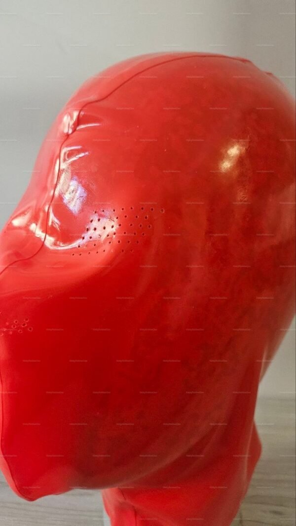 Shiny red latex hood with perforations for breath play.