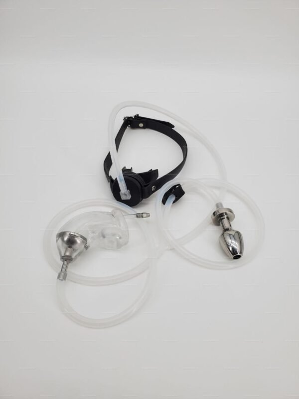 Silicone catheter tubing mouthplay gear featuring clear tubes, a sleek black strap, and polished metal accents.